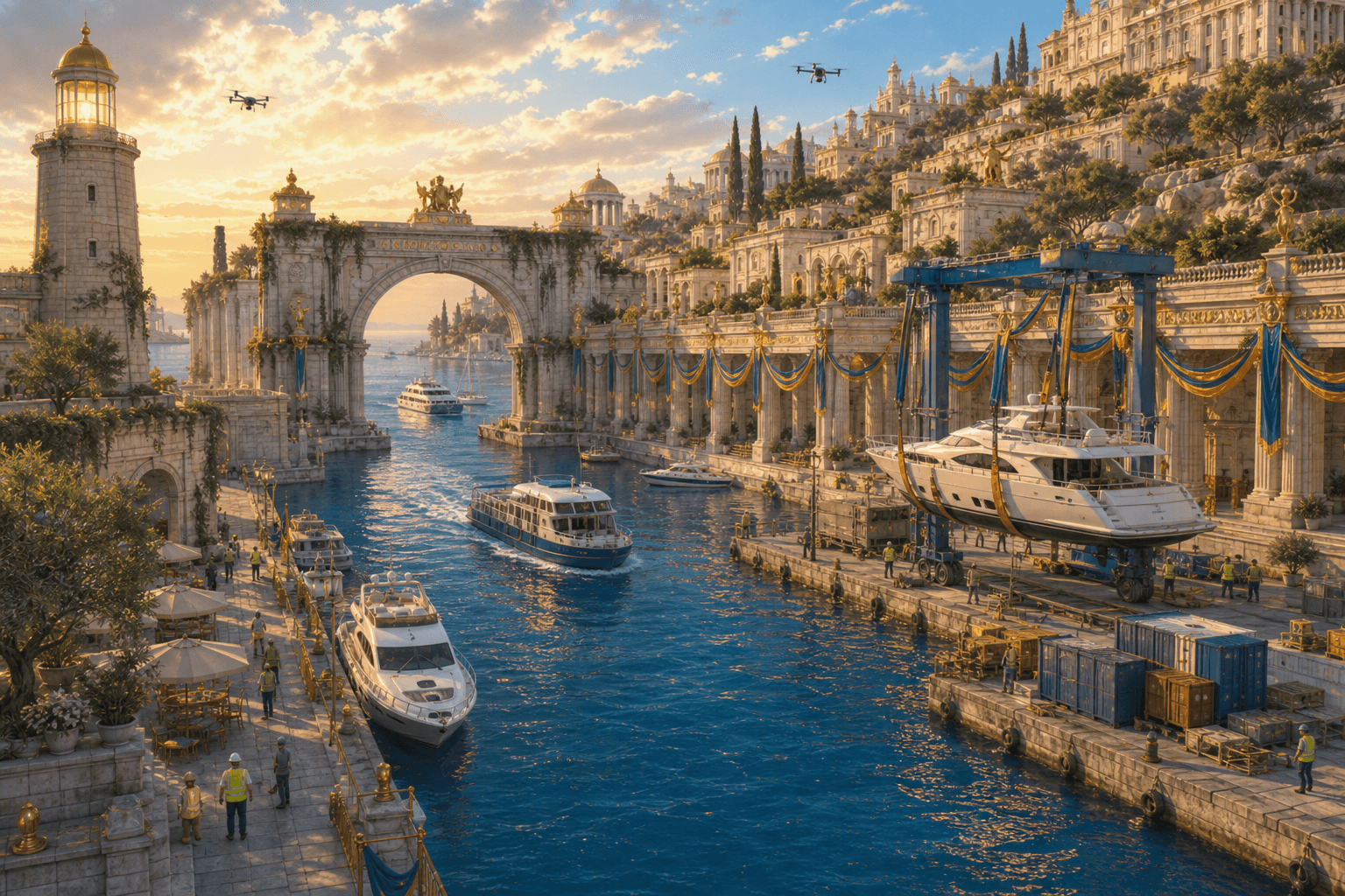 The grand canal of Atlantis lined with marble architecture